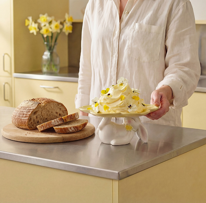 Flower cake stand with white bunny - 24 cm
