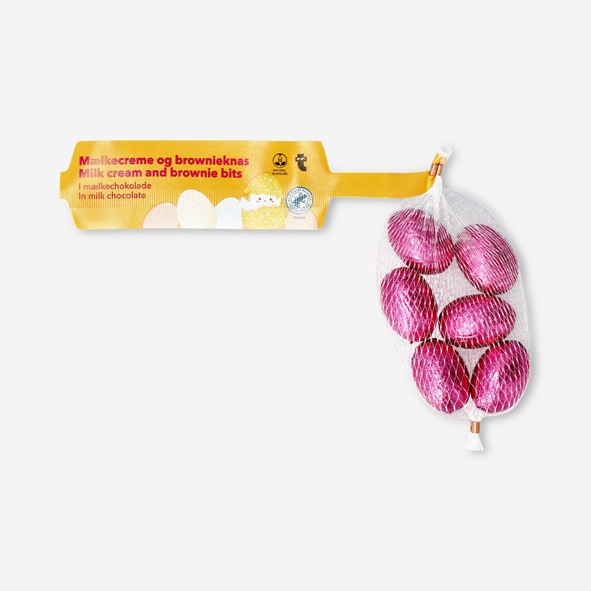 Image of Pink milk chocolate eggs in net with milky cream filling and brownie