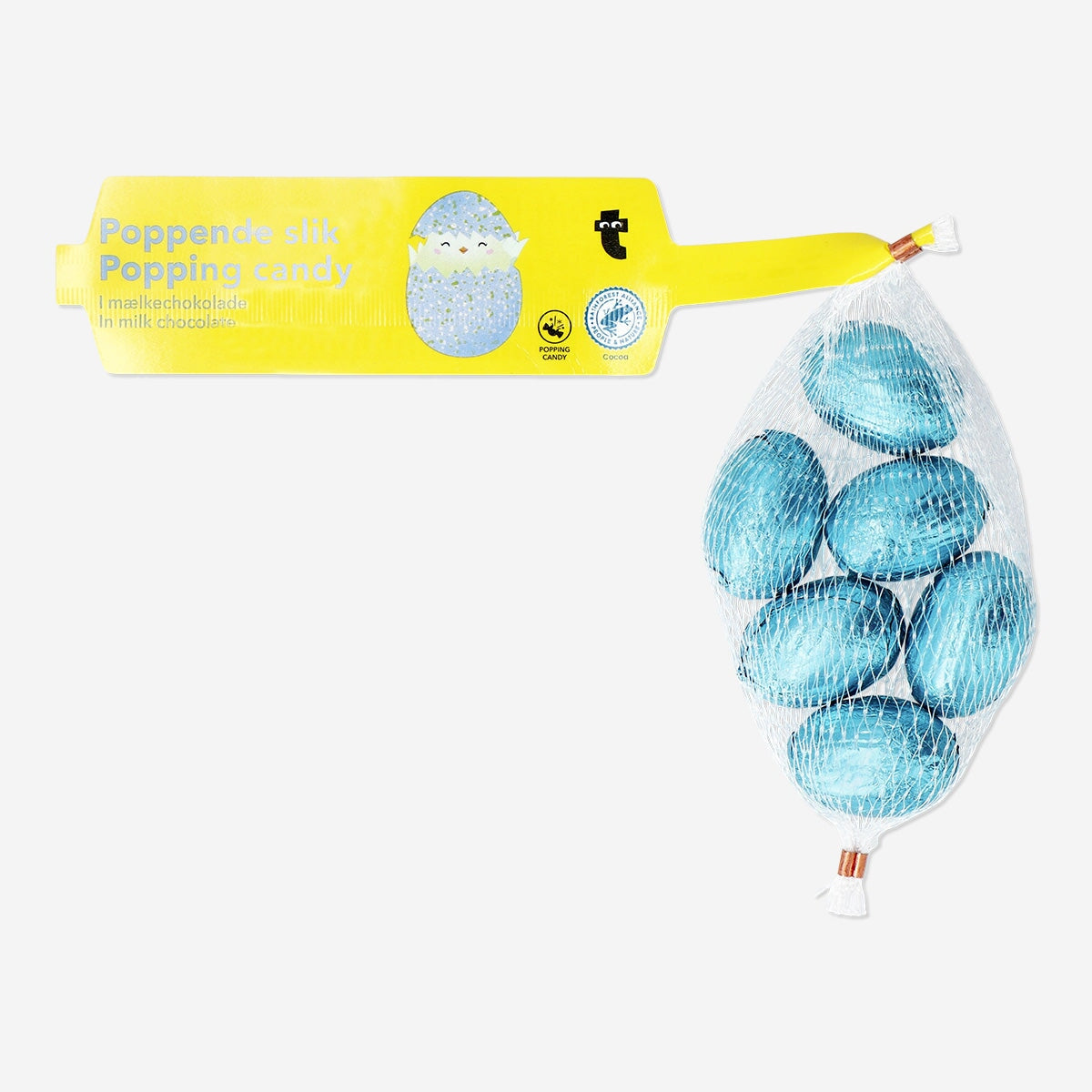 Image of Blue milk chocolate eggs in net with popping candy