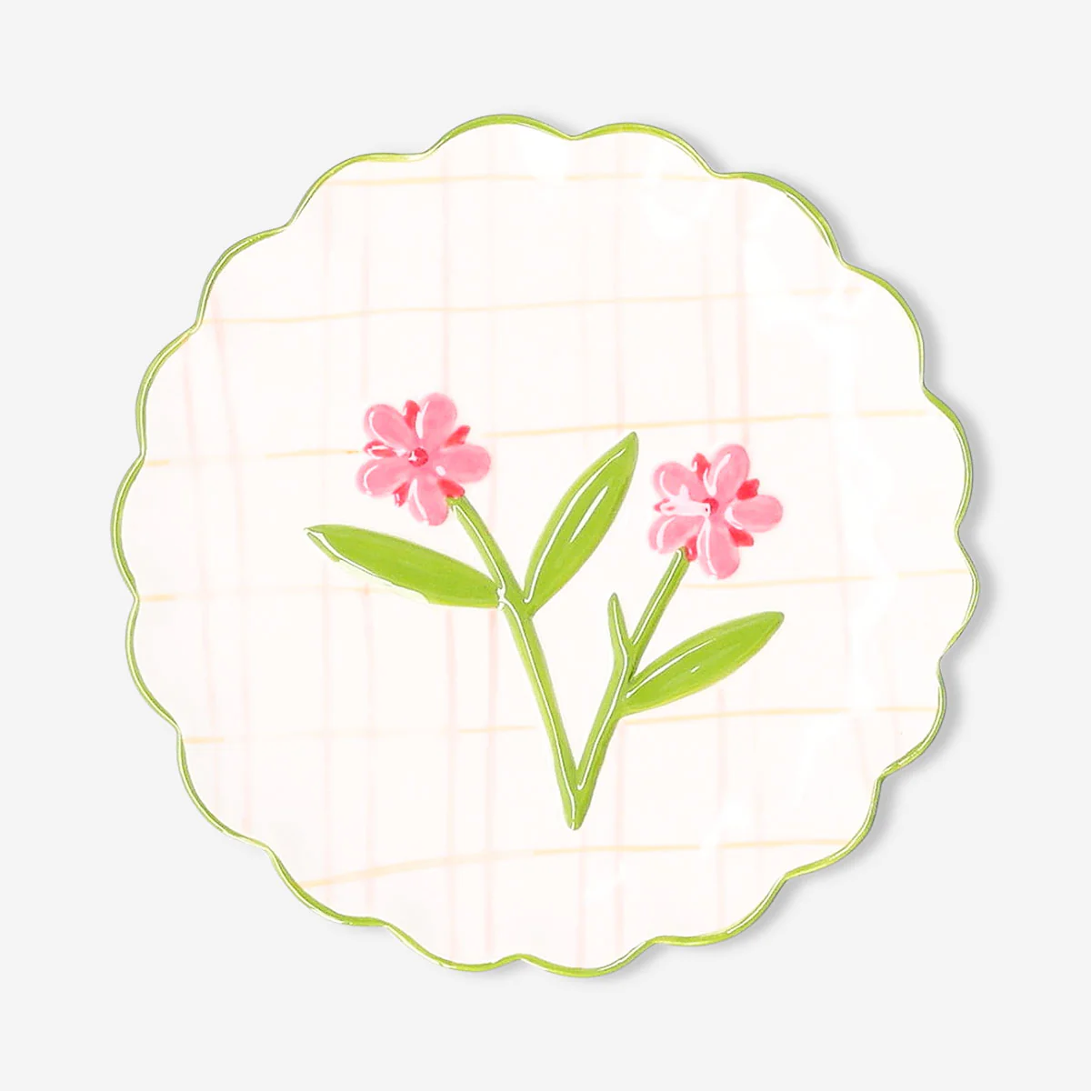 Ceramic plate with hand-painted stripes and flower design