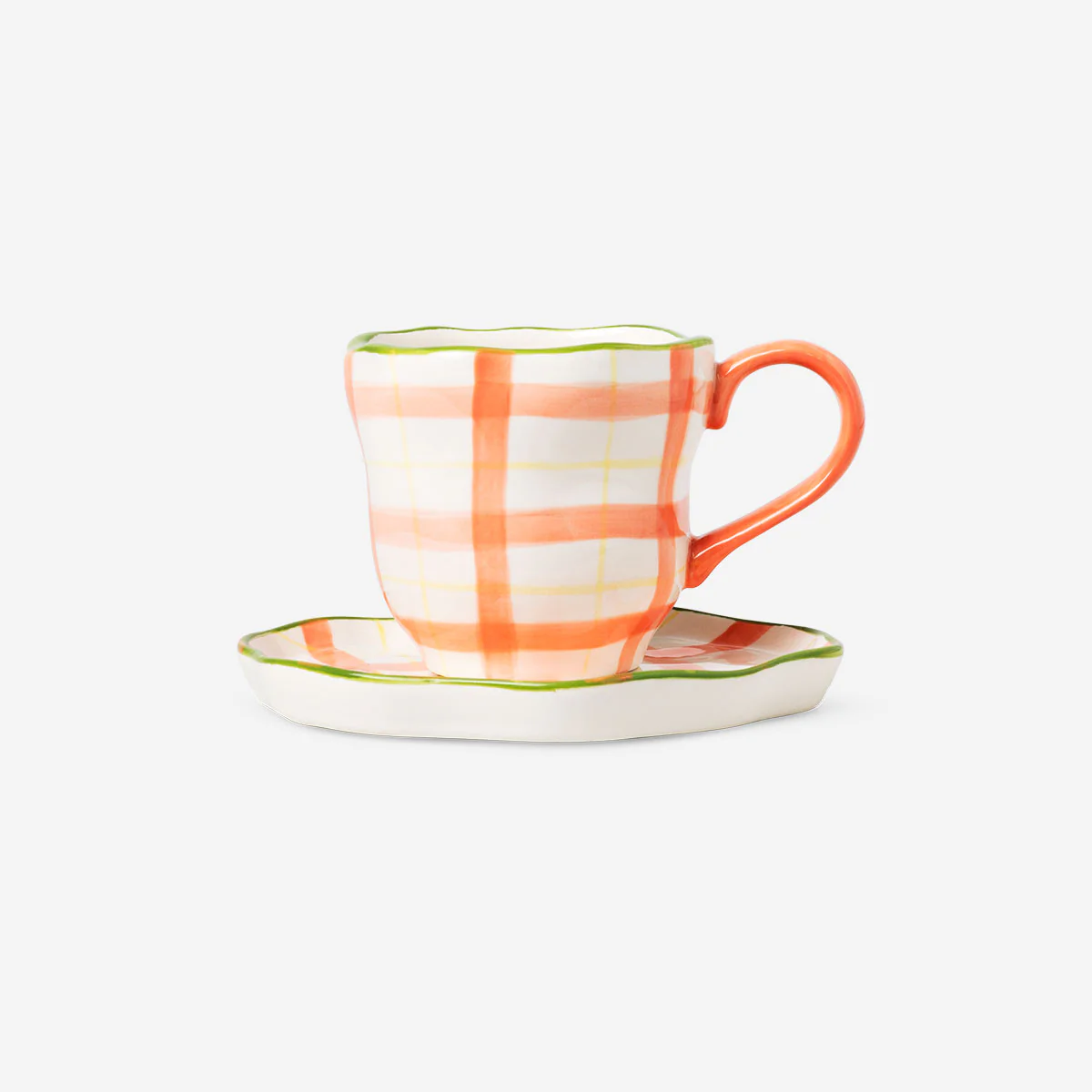 Mug with hand-painted chequered design and saucer