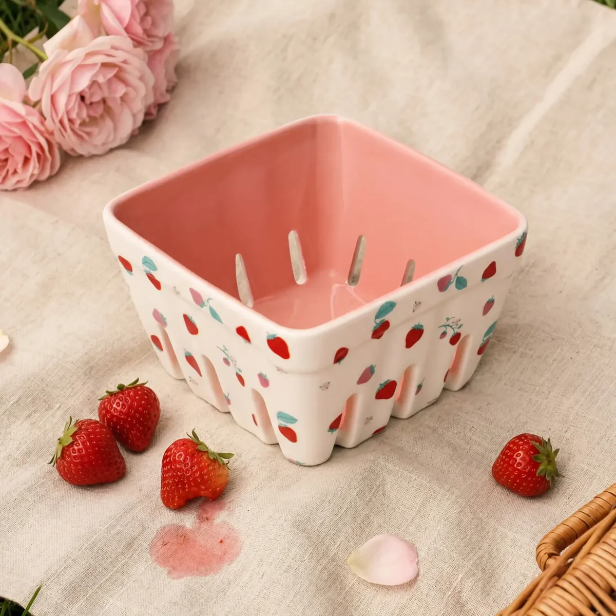 Ceramic colander with strawberry print