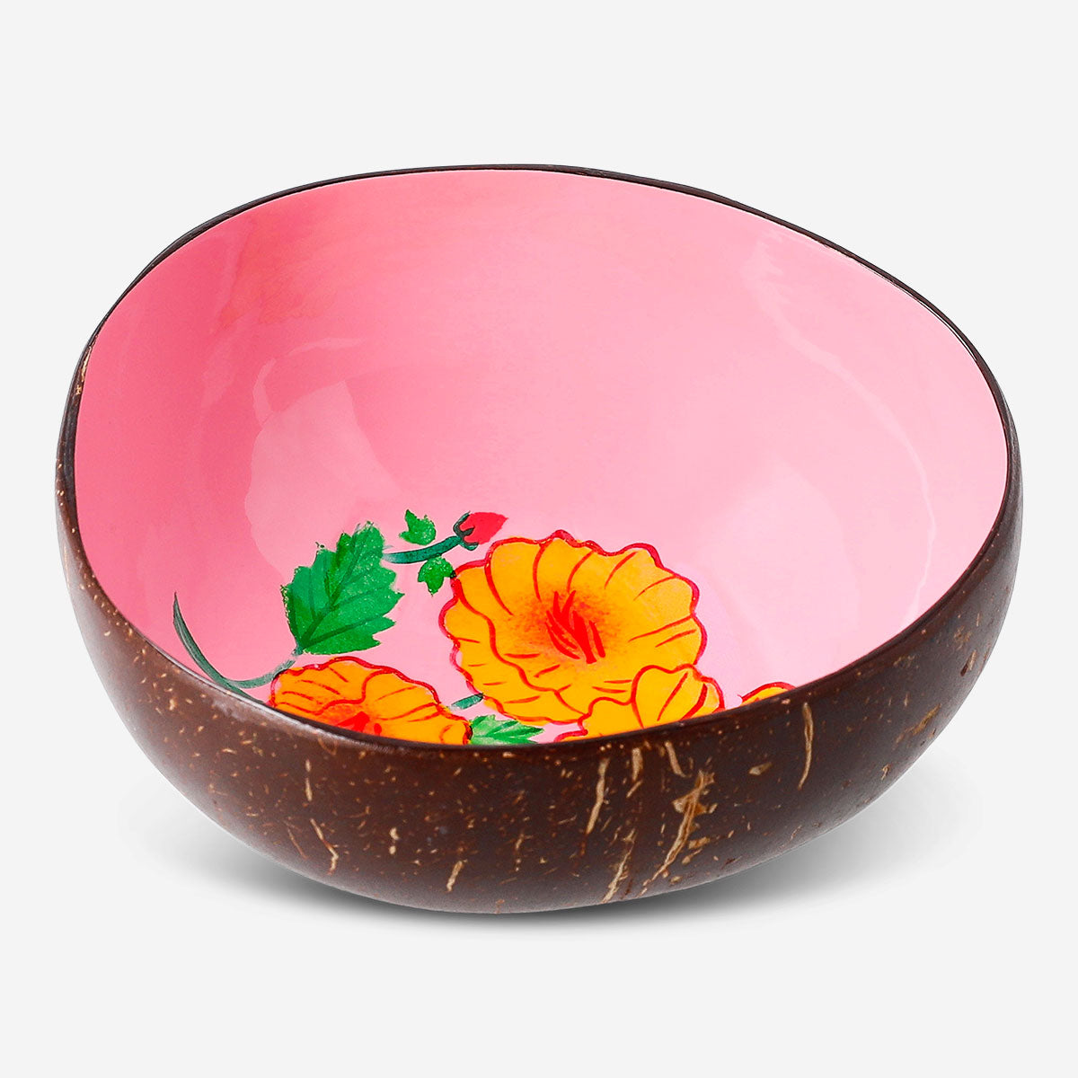 Image of Decorative coconut bowl with hand-painted flower - 13 cm