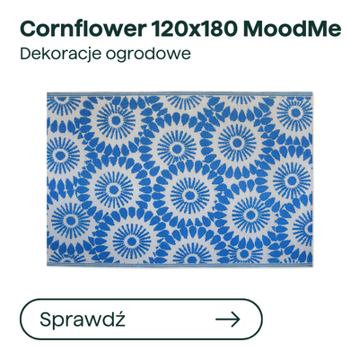 MoodMe Cornflower outdoor garden rug 120×180 cm with blue stylised daisy floral pattern