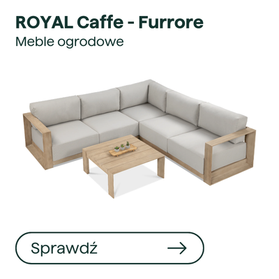 Royal Caffe Furrore outdoor corner sofa set with light grey cushions and wooden frame, includes matching coffee table