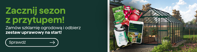 Promotional banner: glass garden greenhouse beside a gardening starter kit with seed packets, fertiliser and tools