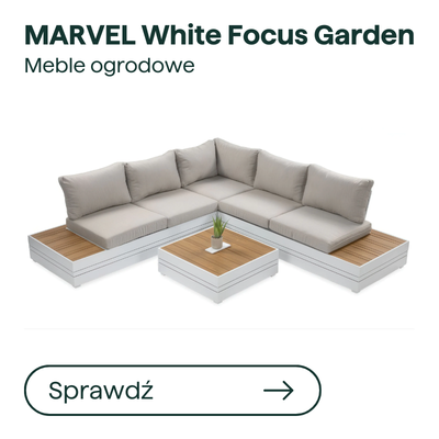 MARVEL White Focus modular outdoor corner sofa, white frame, light-grey cushions, teak-effect panels and coffee table