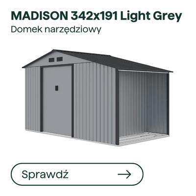 MADISON 342×191 light grey metal tool shed with gable roof, single front door and open lean-to side for compact garden storage