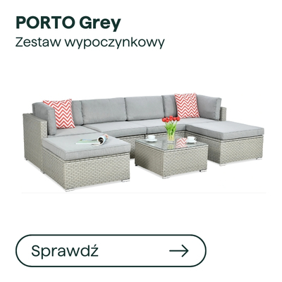Porto Grey modular outdoor rattan lounge set with light grey cushions, L-shaped sofa, glass-top coffee table and chevron cushions