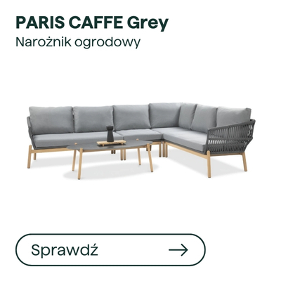 PARIS CAFFE Grey outdoor corner sofa set with grey cushions, woven back, light wooden legs and two matching low coffee tables