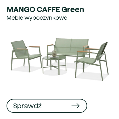 MANGO CAFFE Green outdoor lounge set — two-seater sofa, two armchairs and round coffee table with green mesh and wooden armrests