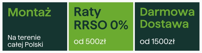 Promotional banners: installation across Poland; 0% APR instalments from 500 zł; free delivery from 1500 zł