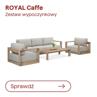 ROYAL Caffe outdoor lounge set — oak-style wooden frame sofa, armchair and coffee table with light grey cushions