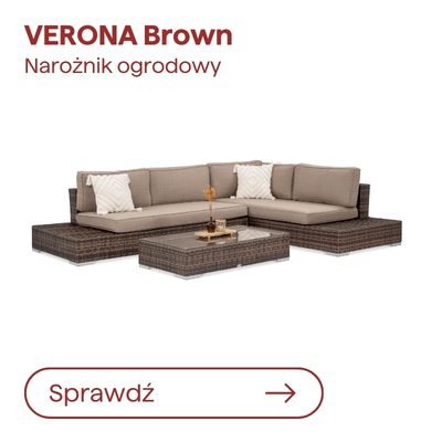 VERONA Brown garden corner sofa set – rattan L-shaped sectional with beige cushions, two patterned throw cushions and low coffee table