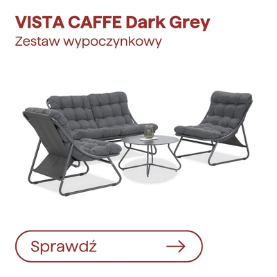 VISTA CAFFE dark grey outdoor lounge set — tufted three-seater sofa, two matching chairs and round coffee table on metal frames