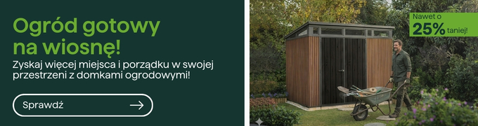 Wooden garden shed in a yard with a man pushing a wheelbarrow beside it, promotional banner highlighting up to 25% off