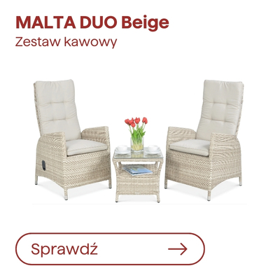 Malta Duo beige coffee set – two high-back woven rattan-style recliner chairs with cushions and matching small table holding tulips and cups
