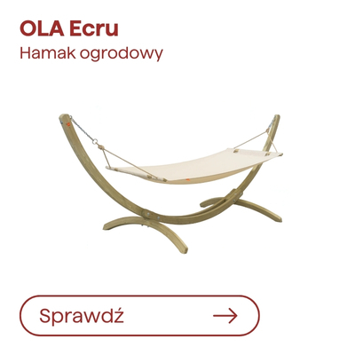 OLA Ecru garden hammock with ecru canvas and curved wooden stand, freestanding outdoor lounger for patio or garden