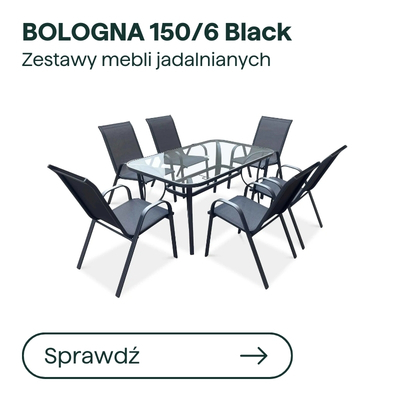 Bologna 150/6 black outdoor dining set – glass-top rectangular table with six black mesh chairs