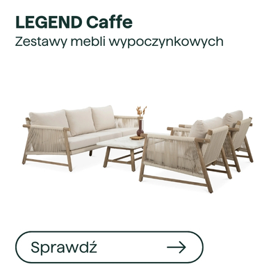 Legend Caffe outdoor lounge furniture set, beige cushioned sofa, two armchairs and wooden coffee table