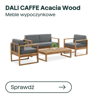 Acacia wood outdoor lounge set with three-seat sofa, two armchairs and low coffee table, grey cushions, modern patio furniture