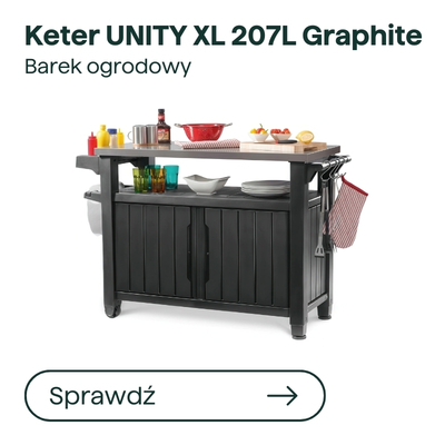Keter UNITY XL 207L Graphite outdoor bar unit with wooden top, double-door storage, open shelf and hanging hooks
