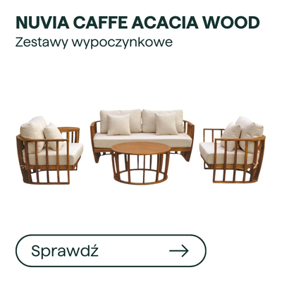 Nuvia Caffe acacia wood outdoor lounge set: 3-seater sofa, two armchairs and round coffee table with beige cushions