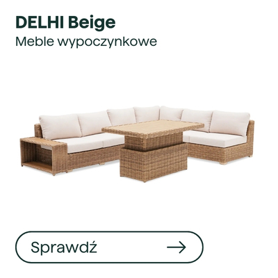 Beige DELHI rattan corner lounge sofa set with cream cushions and central wicker dining table
