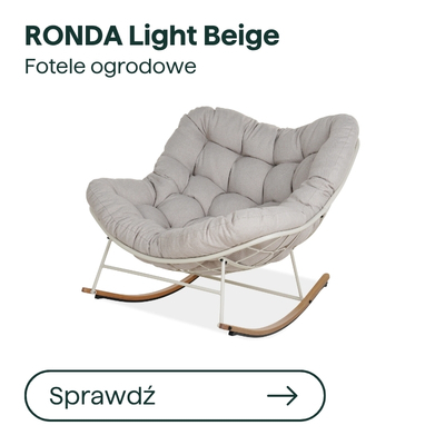 RONDA light beige cushioned garden rocking chair with padded tufted seat, metal frame and wooden rockers, outdoor chair
