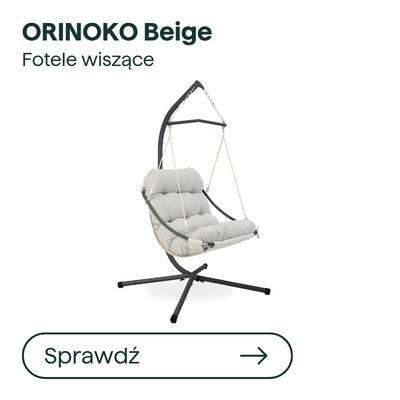 ORINOKO Beige hanging chair with beige padded cushion on a black metal freestanding frame