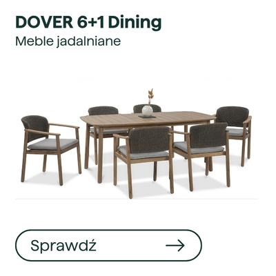 DOVER 6+1 outdoor dining set – wooden rectangular table with six grey woven armchairs and cushions, modern garden furniture