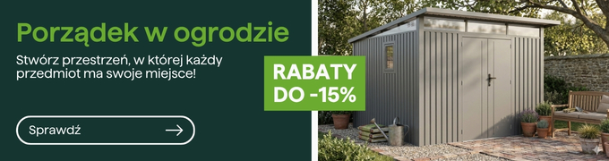Organised garden with modern grey metal storage shed on patio, potted plants and seating; promotional badge up to 15% off