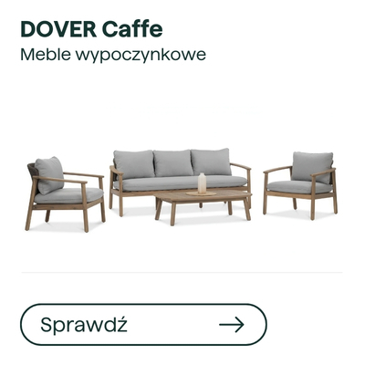 DOVER Caffe outdoor wooden lounge set with grey cushions — three-seat sofa, two armchairs and coffee table