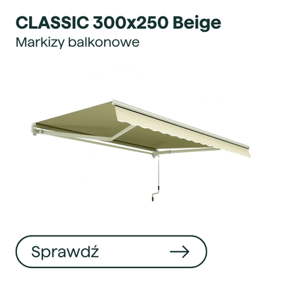 Beige CLASSIC 300x250 retractable balcony awning with scalloped valance, metal frame and manual crank