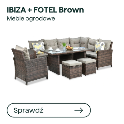 Brown IBIZA + FOTEL rattan garden dining set: L-shaped cushioned corner sofa, rectangular table and four cushioned stools