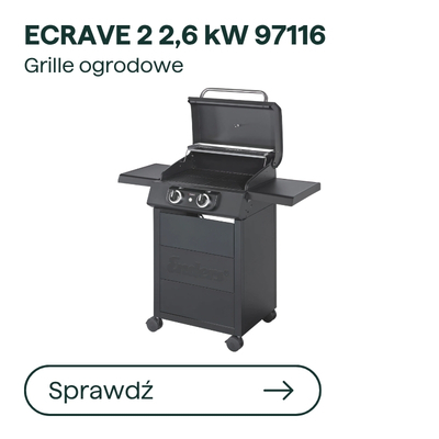 Ecrave 2 2.6 kW garden gas grill model 97116 — black two-burner trolley barbecue with side shelves