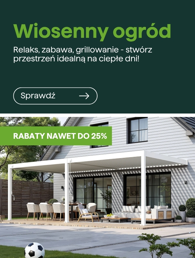 Modern house with white pergola-covered patio, outdoor dining and lounge set, football on lawn and green "up to 25% off" promotion