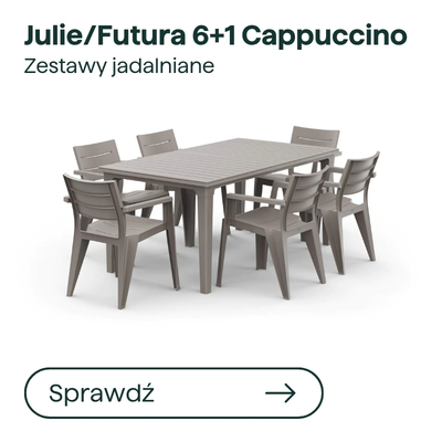 Julie/Futura 6+1 Cappuccino outdoor dining set showing rectangular table and six armchairs in cappuccino