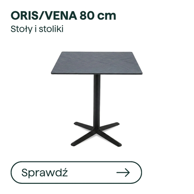 Oris/Vena 80 cm square café table with black pedestal and four-star base, slate-effect tabletop