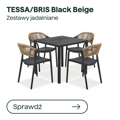 TESSA/BRIS black and beige 4-seat outdoor dining set: square black table with 4 black-frame chairs and beige woven backs