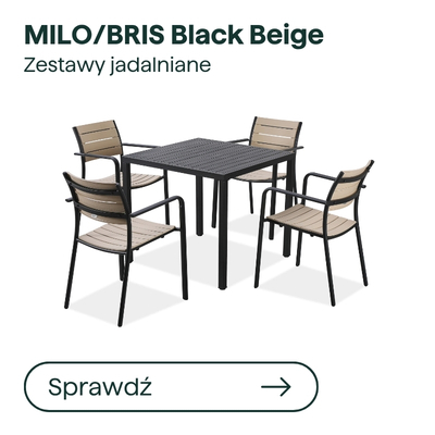 MILO/BRIS Black Beige four-piece dining set – square slatted metal table with four black-framed beige slatted chairs