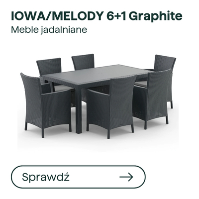 Iowa/Melody graphite 6+1 outdoor dining set – rectangular table with six woven rattan-style armchairs