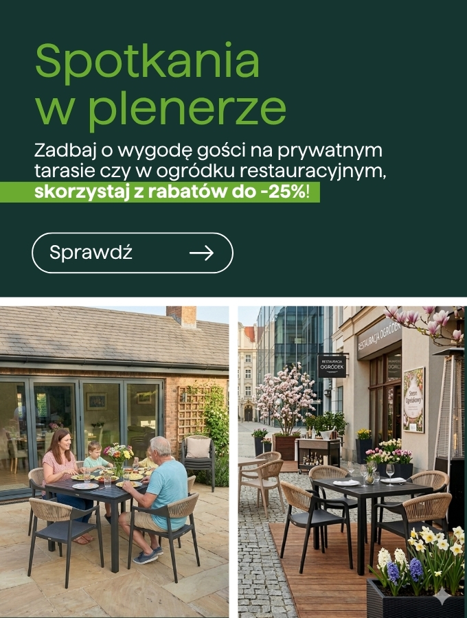 Promotional outdoor dining scene: family on a private terrace and restaurant garden seating — up to 25% discount