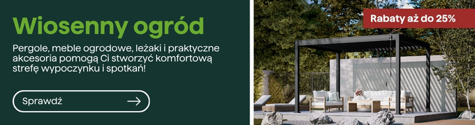 Spring garden pergola with outdoor seating and loungers beside promotional banner offering up to 25% off