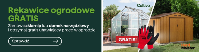 Free garden gloves promotion — red gloves beside a greenhouse and wooden garden shed, 'Gratis' offer banner