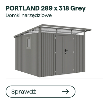 Portland 289×318 cm grey metal tool shed with slanted roof, double doors and side window — garden storage
