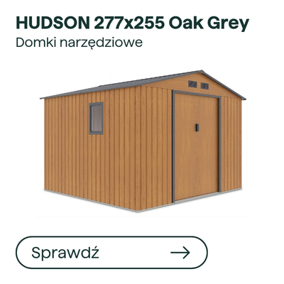 Hudson 277x255 oak grey tool shed with double doors and side window, metal exterior — storage solution for garden tools