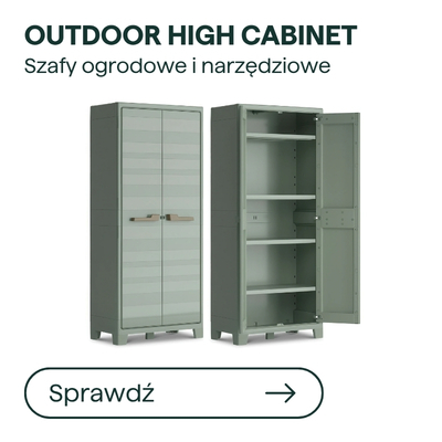 Outdoor high storage cabinet set - two green double-door garden/tool cabinets, one open showing five adjustable shelves
