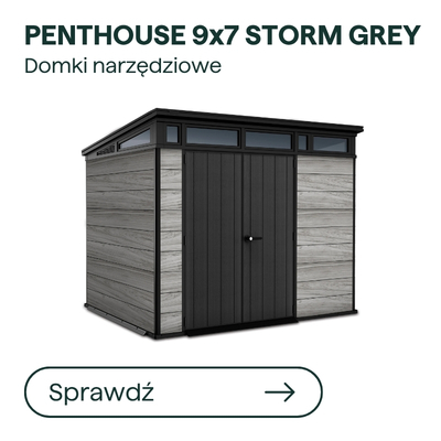 Penthouse 9x7 Storm Grey tool shed with double doors, clerestory windows and wood-effect grey panels