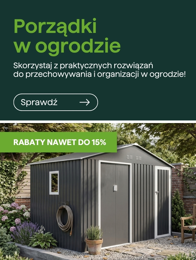 Promotional banner of a dark grey metal garden shed in a tidy backyard with plants and hose; green label: up to 15% off, Polish headline about garden organisation
